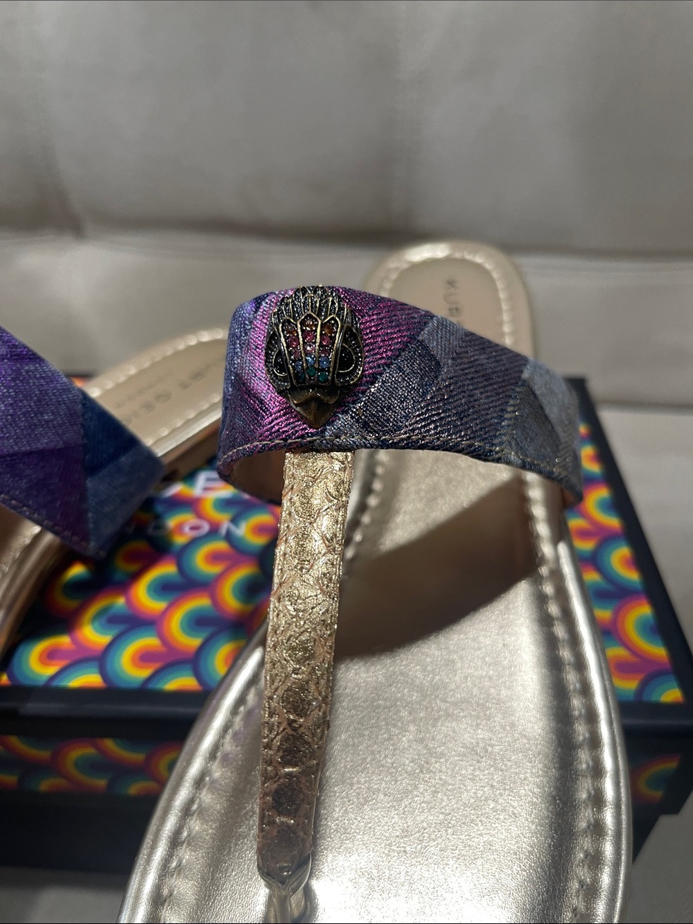 Kurt Geiger Kensington T -Bar Denim Sandal - Picture 3 of 8
